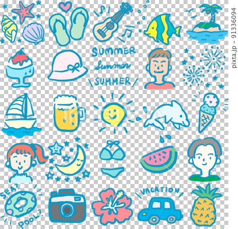 レトロな夏の手描きモチーフ一式 91336094