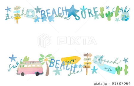 水彩画。水彩タッチの西海岸風コラージュ素材。夏のバカンスイラスト。英語メッセージとヤシの木コラージュ 91337064
