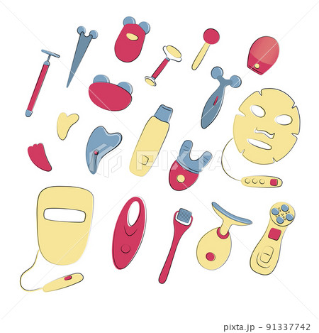 Beauty devices set. LED light therapy, vibration massage gadgets, microcurrent tool. Skin care at home. Sketch vector illustration. Techniques for health youth and beauty 91337742