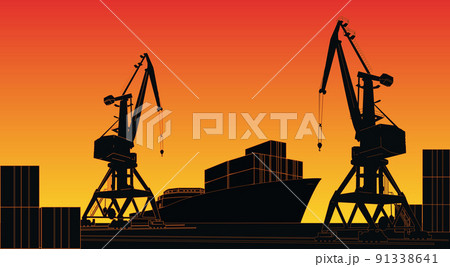 Silhouette commercial port with container ship at the pier and cargo cranes on background with sunset sky. 91338641