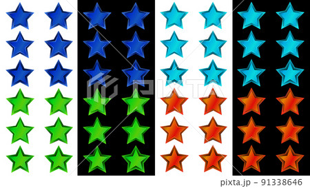 Set of colorful decorative stars with different borders on white and black background. For rating or decoration. Design element. 91338646