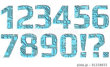 Set of digits in digital style perforated with PCB circuit board tracks isolated on white background. Colored digits for modern digital world. Design element. Set of digits in digital style perforated with PCB circuit board tracks isolated on white background. Colored digits for modern digital world. Design element. 91338655