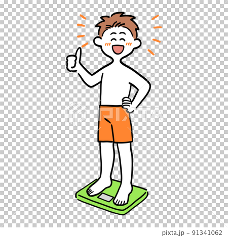 体重計に乗ってグーサインをする男性 91341062