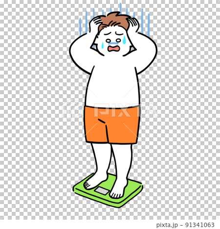 体重計に乗ってショックを受けている男性 91341063