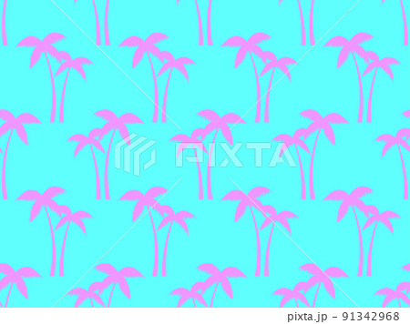 Seamless background of palm trees. Summer time, tropical pattern with pink palm trees isolated on blue background. Design for printing t-shirts, banners and promotional items. Vector illustration Seamless background of palm trees. Summer time, tropical pattern with pink palm trees isolated on blue background. Design for printing t-shirts, banners and promotional items. Vector illustration 91342968
