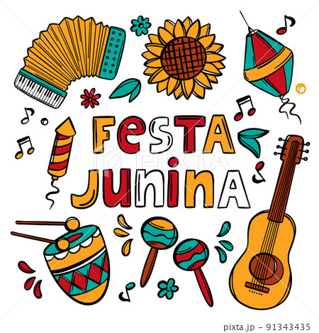 FESTA JUNINA SYMBOL June Festival Catholic Tradition Brazil Carnival Holiday Lettering With Music Instruments On Purple Background Vector Illustration For Print FESTA JUNINA SYMBOL June Festival Catholic Tradition Brazil Carnival Holiday Lettering With Music Instruments On Purple Background Vector Illustration For Print 91343435
