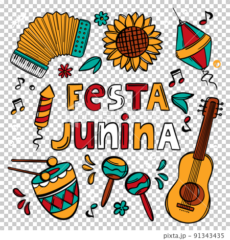 FESTA JUNINA SYMBOL June Festival Catholic Tradition Brazil Carnival Holiday Lettering With Music Instruments On Purple Background Vector Illustration For Print FESTA JUNINA SYMBOL June Festival Catholic Tradition Brazil Carnival Holiday Lettering With Music Instruments On Purple Background Vector Illustration For Print 91343435