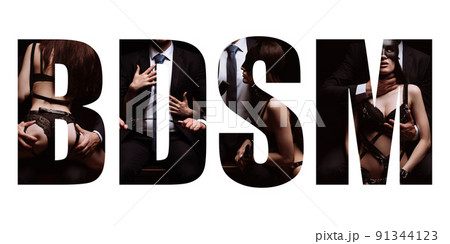 BDSM inscription on background of a sexy submissive girl and dominant man with a whip and handcuffs. Concept collage of erotic role-playing games 91344123