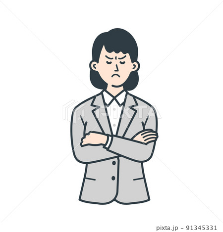 腕組みして怒る若い女性のビジネスマンのイラスト 91345331