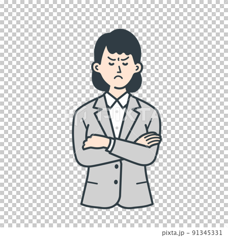 腕組みして怒る若い女性のビジネスマンのイラスト 91345331