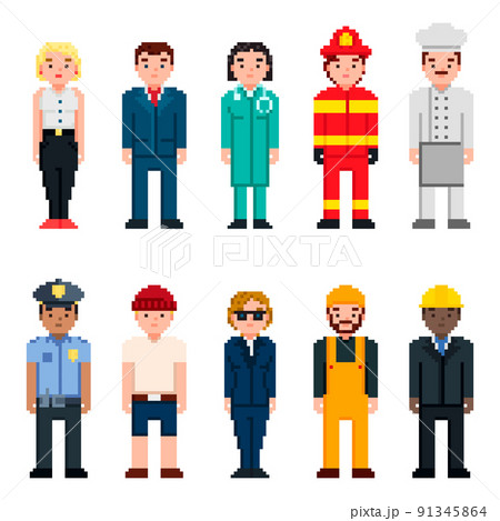 Pixel art characters avatar set. Professions pixel art people isolated design. Policeman, Doctor, Businessman, Chef, Firefighter, Builder and other. 8 bit art. 91345864