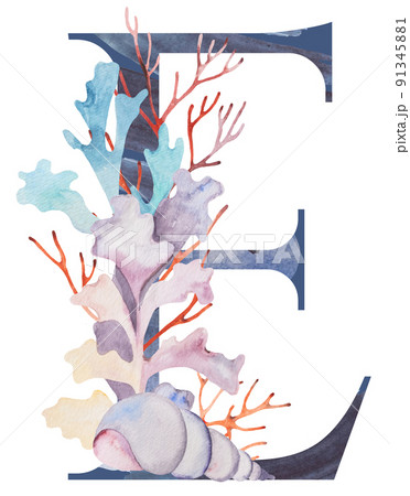 Blue capital letter E decorated with watercolor seaweeds, corals and seashells illustration. 91345881