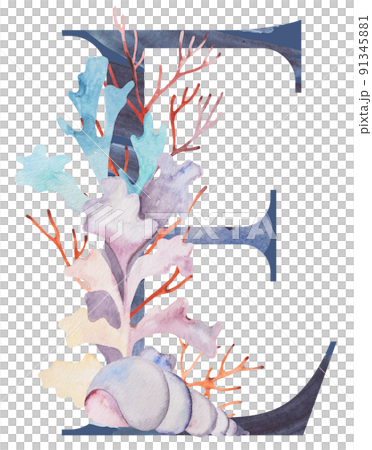 Blue capital letter E decorated with watercolor seaweeds, corals and seashells illustration. 91345881