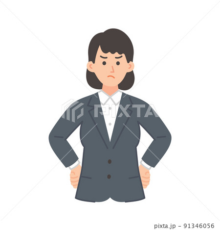 怒ったポーズをとる若い女性のビジネスマンのイラスト 91346056
