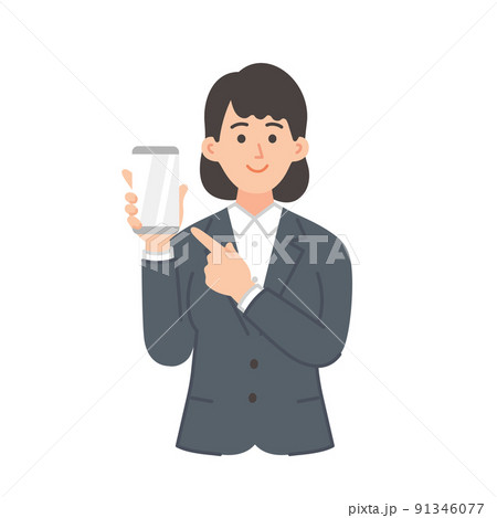 スマホを指差す若い女性のビジネスマンのイラスト スマホを指差す若い女性のビジネスマンのイラスト 91346077