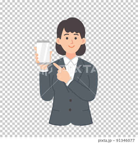 スマホを指差す若い女性のビジネスマンのイラスト スマホを指差す若い女性のビジネスマンのイラスト 91346077