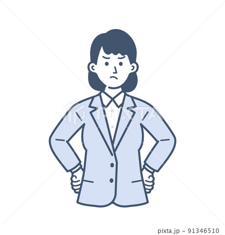 怒ったポーズをとる若い女性のビジネスマンのイラスト 91346510