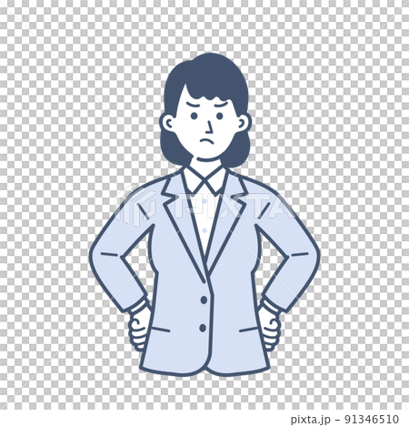 怒ったポーズをとる若い女性のビジネスマンのイラスト 91346510