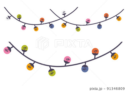 Christmas lights. Colorful Christmas garlands. Red, yellow, blue and green light bulbs glow on the wires. Decoration for home and interior. Flat vector illustrations isolated on white background 91346809