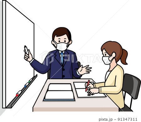 マスクをする個別指導の先生と女子生徒 マスクをする個別指導の先生と女子生徒 91347311