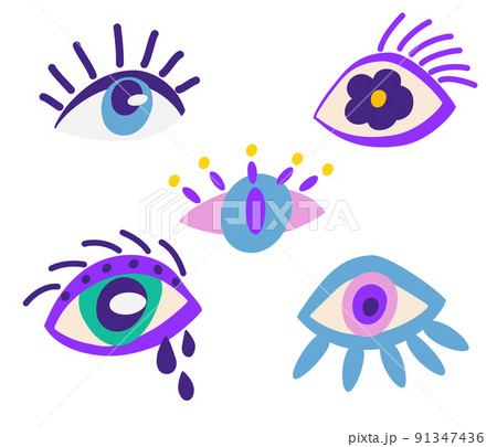 Eyes set. collection of evil, Ra, Turkish, Greek and esoteric eyes of different shapes, highlighted on a white background. Colorful elements of clairvoyance. Vector catroon illustration.  91347436