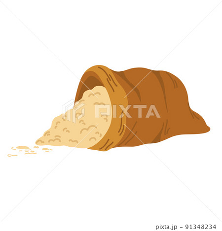 Bag flour and wheat ears. Wheat, rye, rye ear, symbol of farming, bread, harvest. Whole stems, an organic vegetarian element of food packaging. Vector flat illustration. Bag flour and wheat ears. Wheat, rye, rye ear, symbol of farming, bread, harvest. Whole stems, an organic vegetarian element of food packaging. Vector flat illustration. 91348234