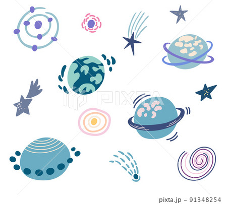 Solar System Astronomy Icons Stickers Set. Cute Cartoon Planets