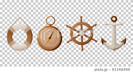 Lifebuoy, rudder, ship steering wheel, compass, anchor, sea elements set, vector illustration 91348499