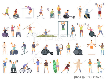 Disabled sport icons set cartoon vector. Handicap athlete. Blind fencing 91348749
