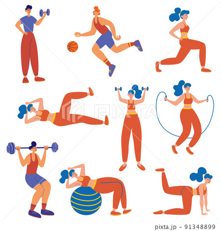 People athlete set. Fitness classes for men and women. Set of male and female trainers doing different sport exercises. Healthy lifestyle. Flat vector illustration 91348899