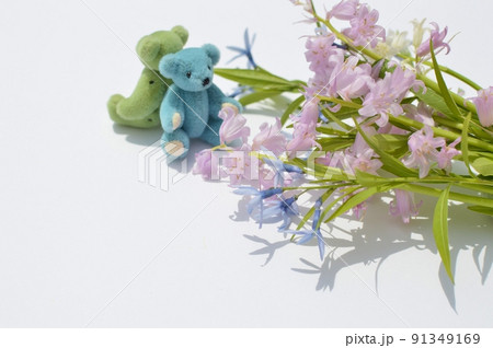 パステルカラーのシラーとチョウジソウの花束とテディベア 91349169