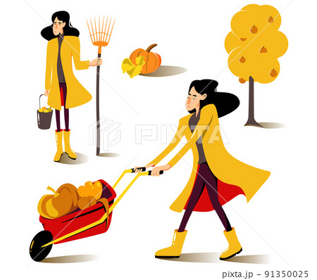 Set of gardener illustration. Woman in yellow raincoat with a fan rake and bucket of apples. A gardener with her own harvest. Vector autumn illustration. Set of gardener illustration. Woman in yellow raincoat with a fan rake and bucket of apples. A gardener with her own harvest. Vector autumn illustration. 91350025