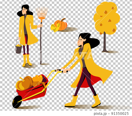 Set of gardener illustration. Woman in yellow raincoat with a fan rake and bucket of apples. A gardener with her own harvest. Vector autumn illustration. Set of gardener illustration. Woman in yellow raincoat with a fan rake and bucket of apples. A gardener with her own harvest. Vector autumn illustration. 91350025