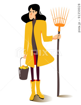 Woman in yellow raincoat with a fan rake and bucket of apples. A gardener with her own harvest. Vector autumn illustration. 91350028