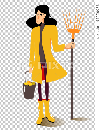 Woman in yellow raincoat with a fan rake and bucket of apples. A gardener with her own harvest. Vector autumn illustration. 91350028