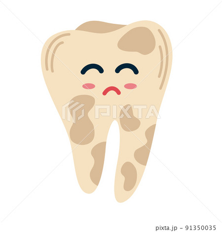 Tooth with caries. Sad cartoon tooth with a disease and a hole. Dental care. For children instructions on brushing teeth, printing and booklets. Vector Hand draw illustration  91350035