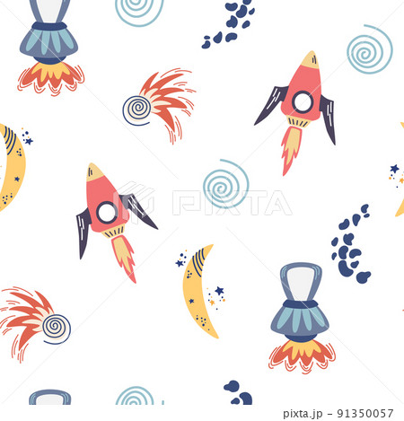 Space seamless pattern. Background with cartoon space rockets, planets, stars. Cosmic. Perfect for children's designs, wallpaper, textile and print. Vector Hand draw illustration  91350057