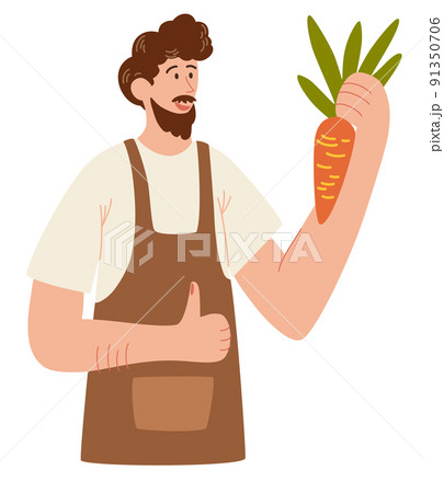Happy farmer holding fresh vegetables. Man with organic farm harvest. Smiling agriculture worker with carrot portrait. Flat vector illustration 91350706