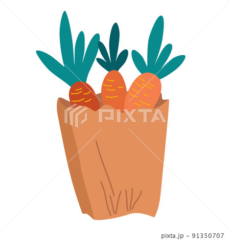 Bag of vegetables. Buying groceries, paper bag with groceries. Natural food, organic fruits and vegetables. No plastic packets allowed, use textile or paper sac. Vector cartoon illustration.  91350707