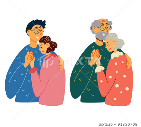 Two couples in love. Happy young lovers couple hugging. Elderly people. Couple in a relationship in love. Boyfriend hugs his girlfriend. Happy Hug day. Relationships, family, love. Vector illustration 91350708