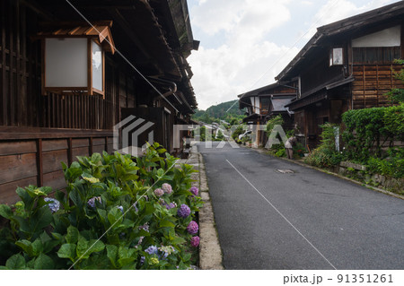 アジサイの咲く早朝の妻籠宿 アジサイの咲く早朝の妻籠宿 91351261