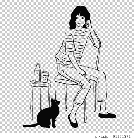 椅子に座る女性　考える　猫 91351571