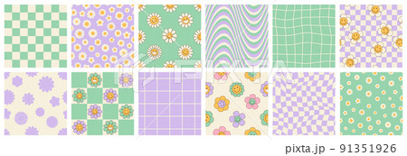 Groovy seamless patterns with funny happy daisy, wave, chess, mesh, rainbow. Set of vector backgrounds in trendy retro trippy y2k style. Lilac and green colors. Fun hippie texture for surface design. Groovy seamless patterns with funny happy daisy, wave, chess, mesh, rainbow. Set of vector backgrounds in trendy retro trippy y2k style. Lilac and green colors. Fun hippie texture for surface design. 91351926