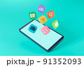 水色背景に散らばるアプリアイコンとスマートフォンの3DCGイラスト 91352093