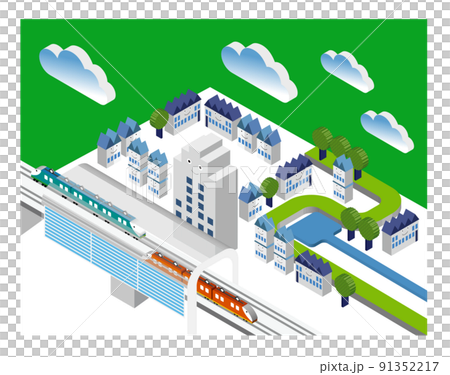 由獨特的 3D 建築創造的有趣的城市景觀和生活風景。人們可以明亮地生活的建築和城市規劃。 91352217