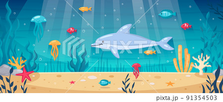 Diving Underwater Cartoon Background 91354503