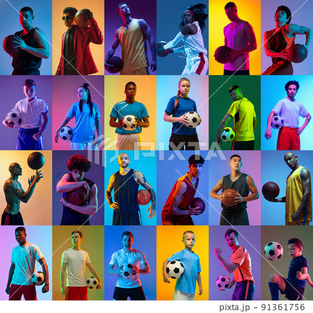 Set of images of different professional male and female soccer players standing with ball isolated on multicolor background in neon. Collage Set of images of different professional male and female soccer players standing with ball isolated on multicolor background in neon. Collage 91361756