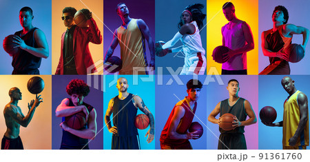 Sport collage of professional athletes on gradient multicolored neoned background. Concept of motion, action, active lifestyle, achievements, challenges 91361760