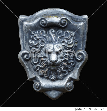 Decorative metal shield with a lion's head on an isolated background. 3d rendering. 91363973