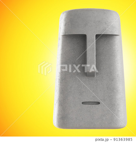 Stylized stone figurine in the form of a head with a face on a yellow backlit background. Front view. 3d rendering 91363985